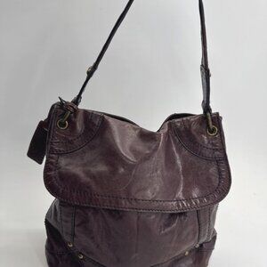 Vintage FOSSIL Leather Shoulder Messenger Bag Dark Plum Large Purse Y2K Hobnail